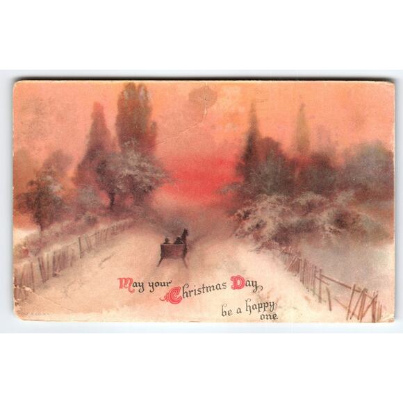 Vintage 1921 Christmas Postcard Horse-Drawn Sleigh Winter Scene - Picture 1 of 2